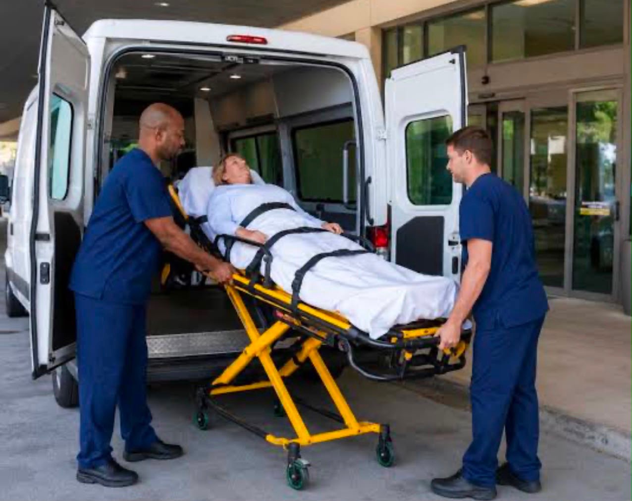 Two attendants loading a passenger on a stretcher into a transport van at a hospital entrance
